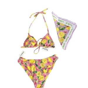 NEW Gorgie Pink Lemon Swimsuit 3pcs Triangle Bikini Top, Bikini Bottom S & Scarf